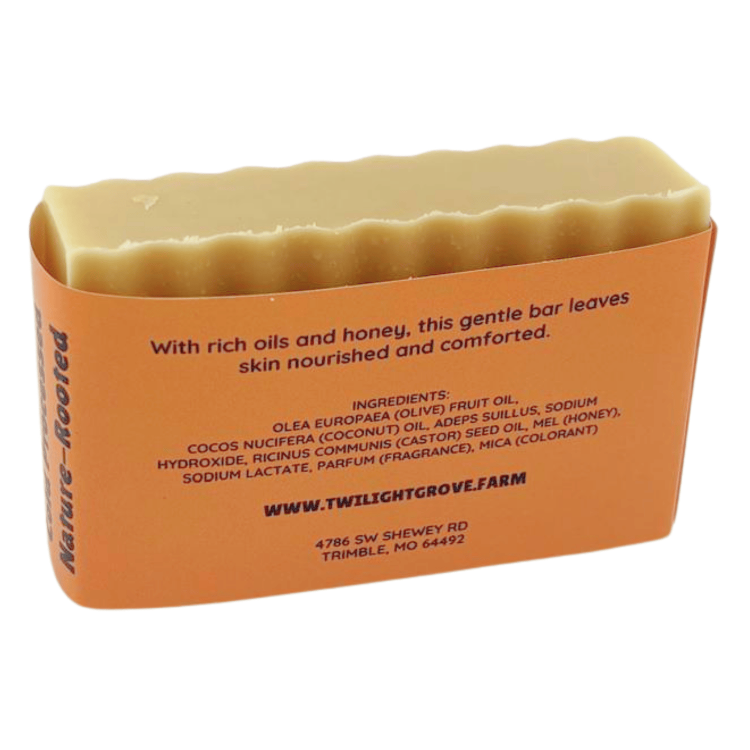 Back of Sunset Soothe Soap showing Twilight Grove label with product ingredients.
