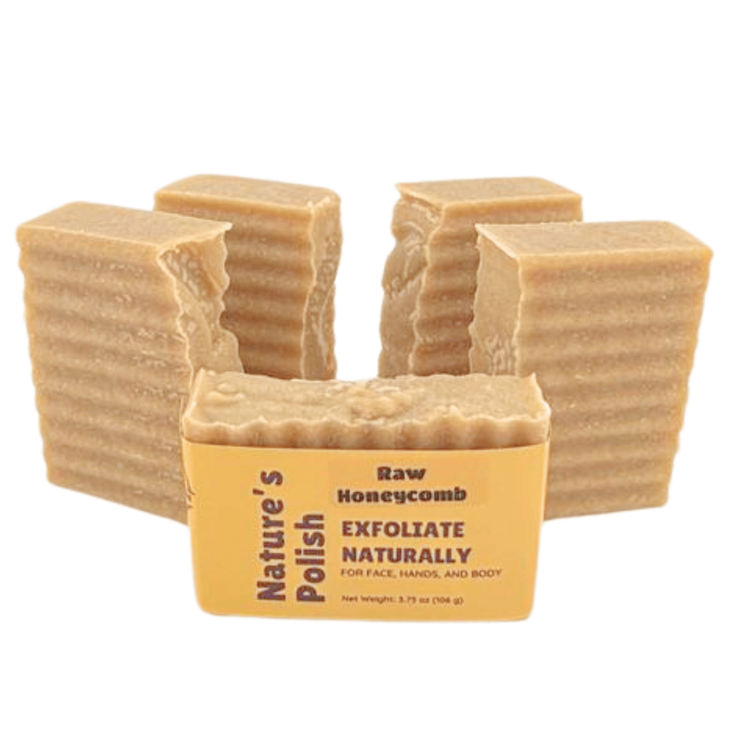 Group of textured Raw Honeycomb exfoliating soap bars from the Nature's Polish line featuring honey and beeswax ingredients.
