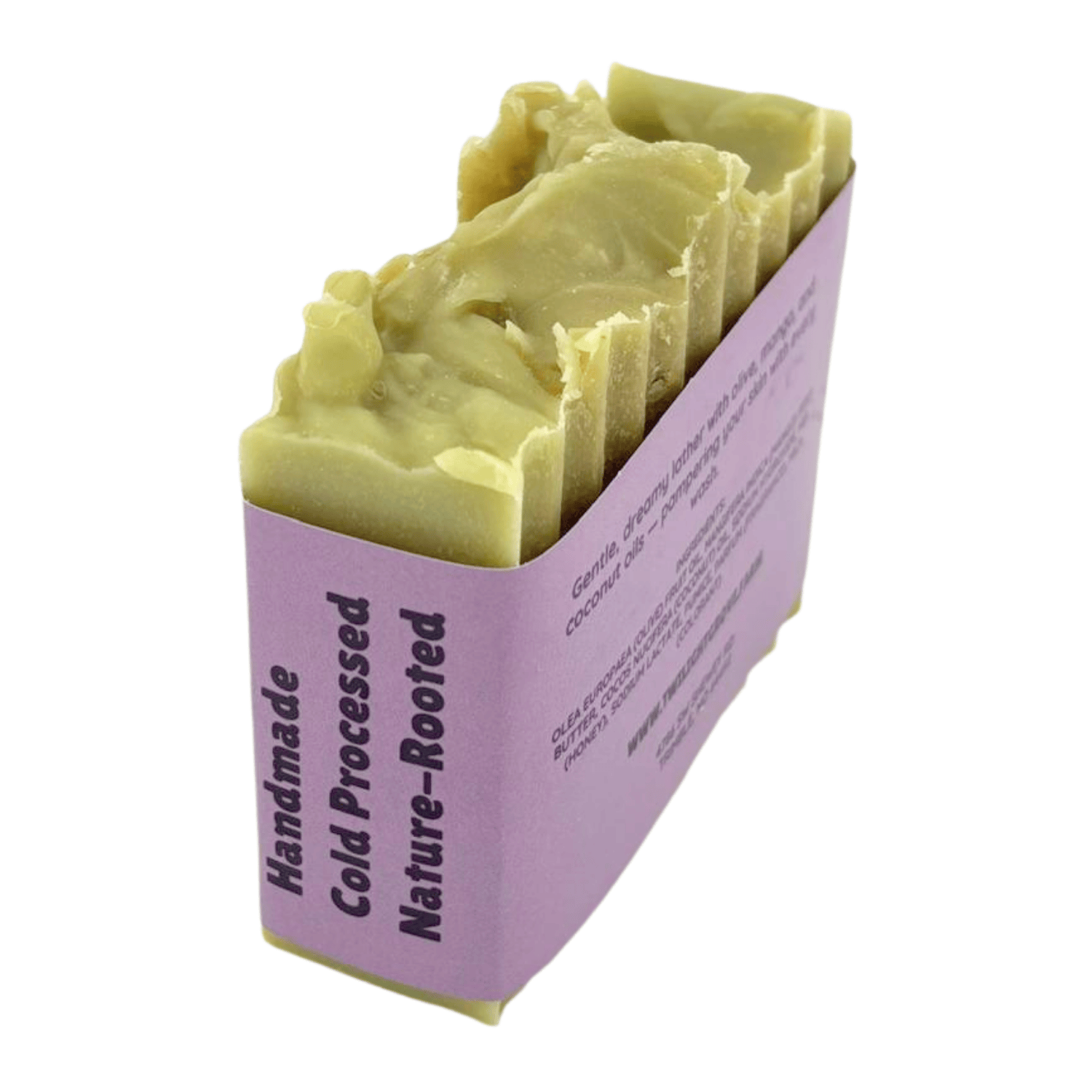 Moon Lather - This farm-inspired bar combines natural pumice for light exfoliation with mango butter for a long-lasting moisturizing soap_side angle with packaging text