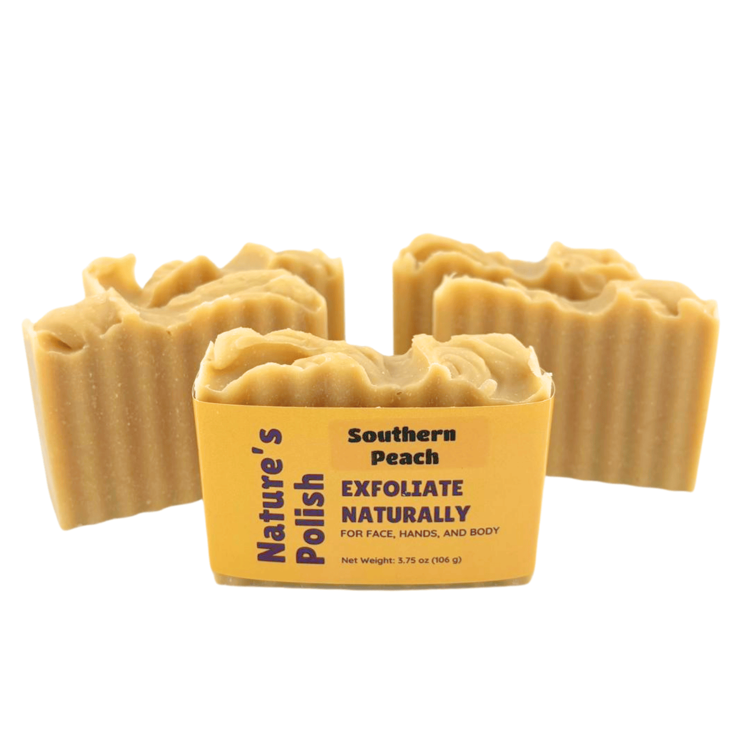 Group of Southern Peach Nature's Polish exfoliating soap bars arranged together showing handcrafted ridges and peach scented soap.