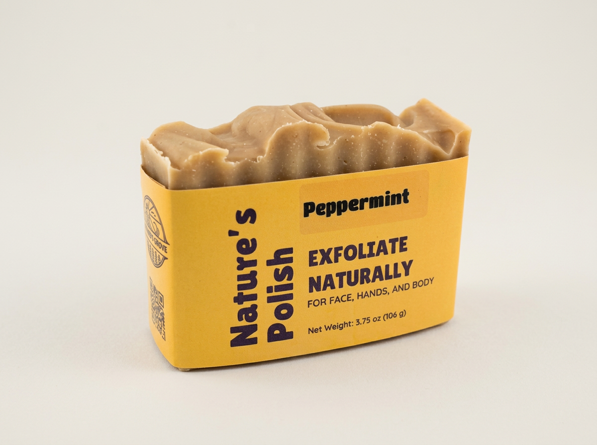 Warm brown Peppermint Nature’s Polish soap wrapped in a golden label