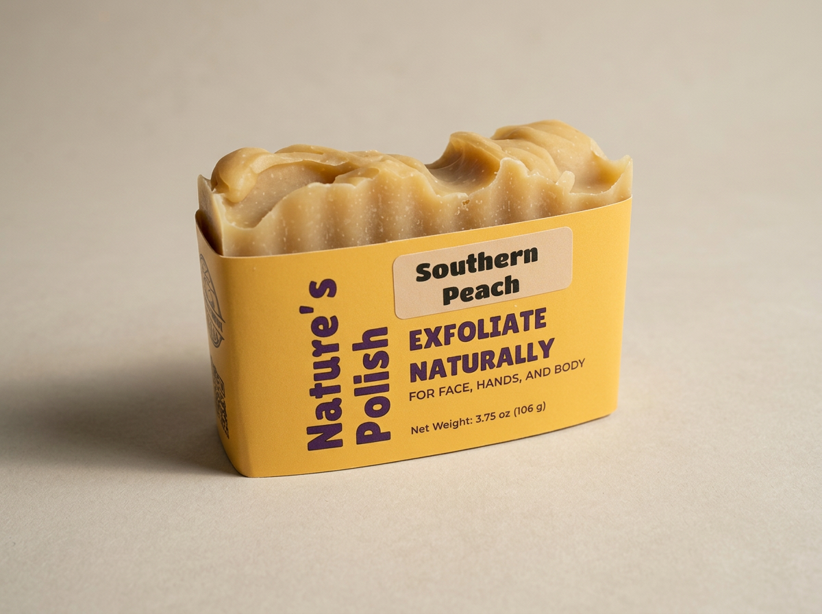 Golden tan Nature’s Polish soap with a high swirled top