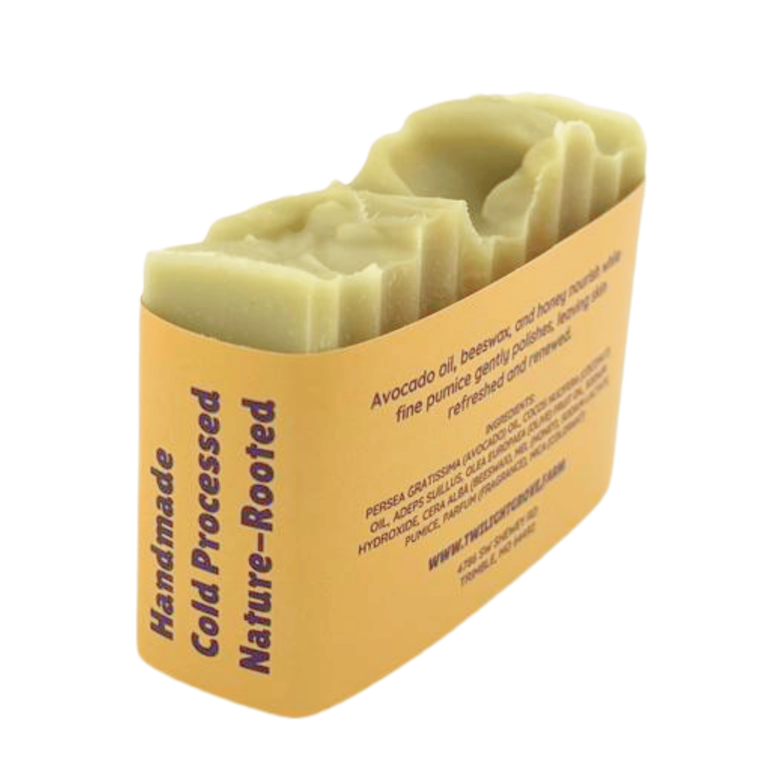 Angled back view of Over the Moon Nature's Polish handmade soap bar showing ingredient label and natural soap texture.