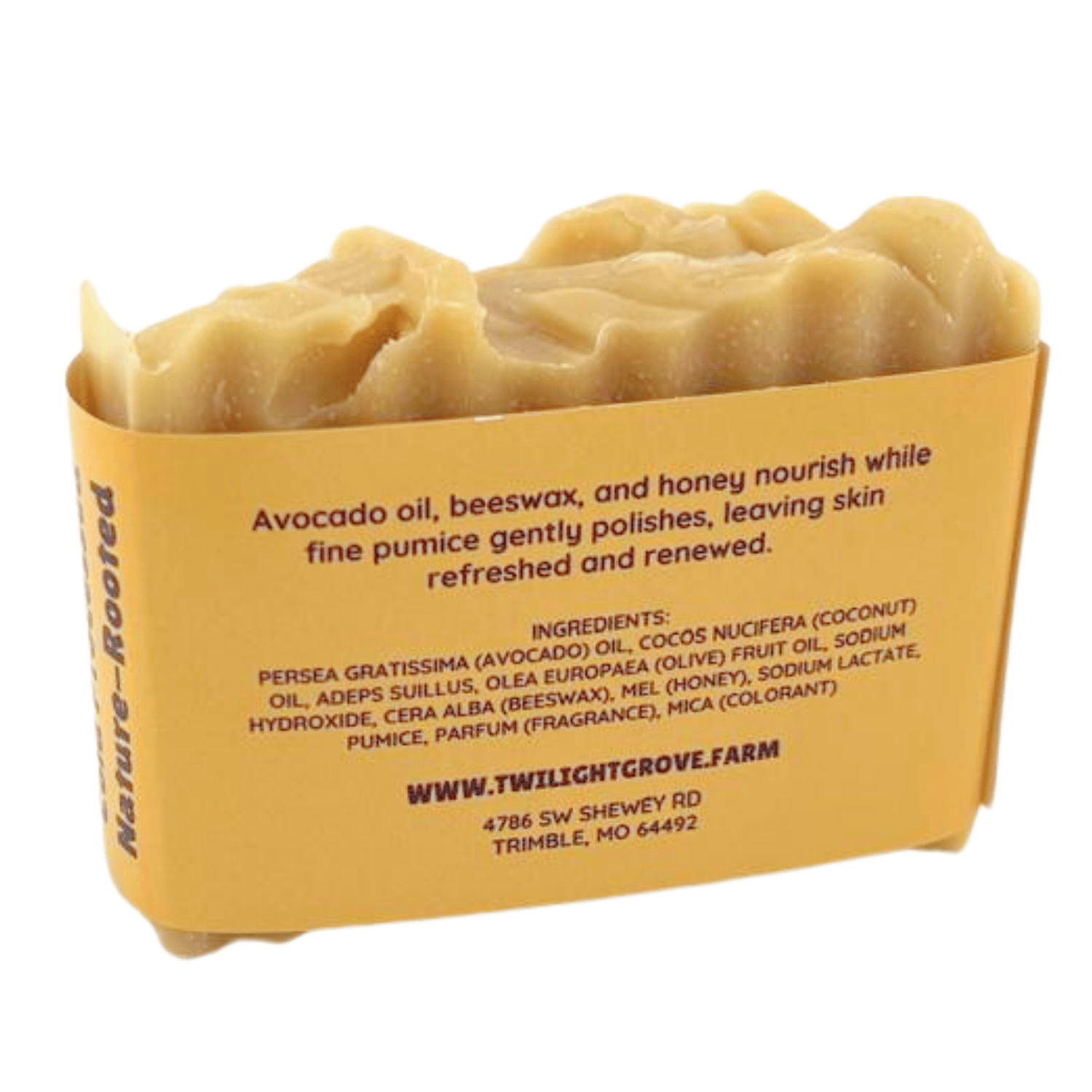 Back view of Southern Peach Nature's Polish handmade soap bar showing ingredient label and natural exfoliating soap.