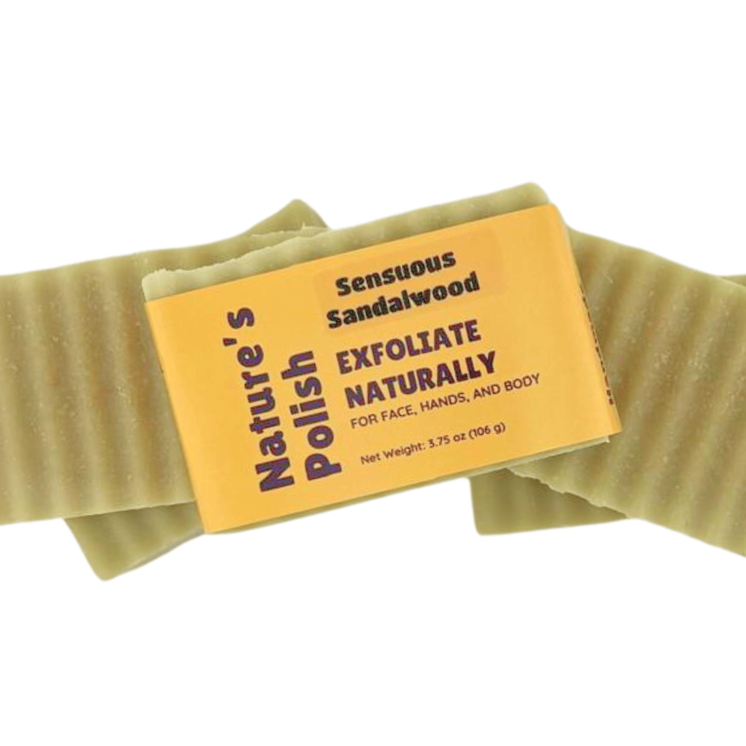 Sensuous Sandalwood Nature's Polish exfoliating soap bar displayed with additional textured handmade soap bars.