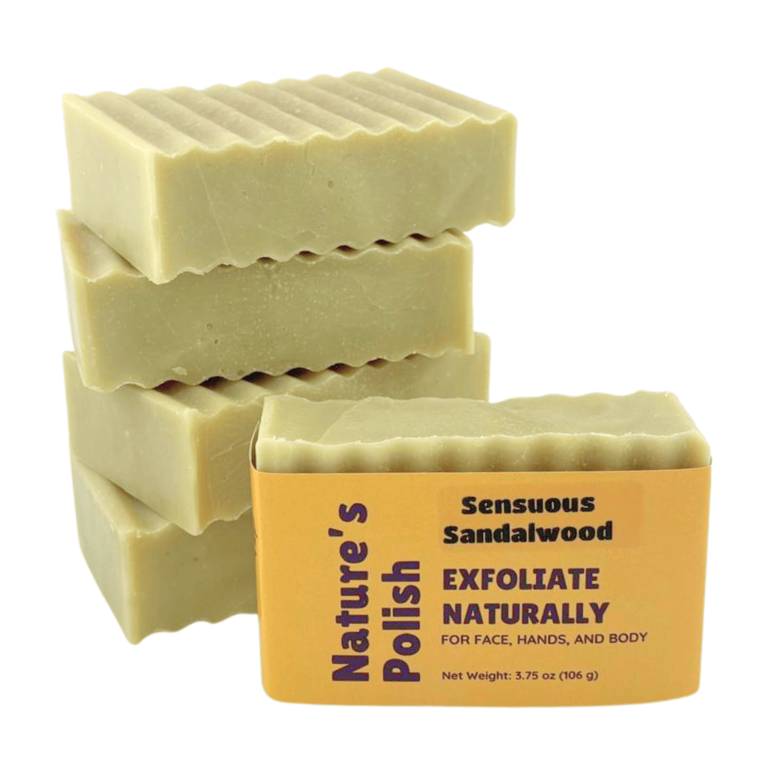 Stack of Sensuous Sandalwood Nature's Polish exfoliating soap bars showing layered handmade soap texture.