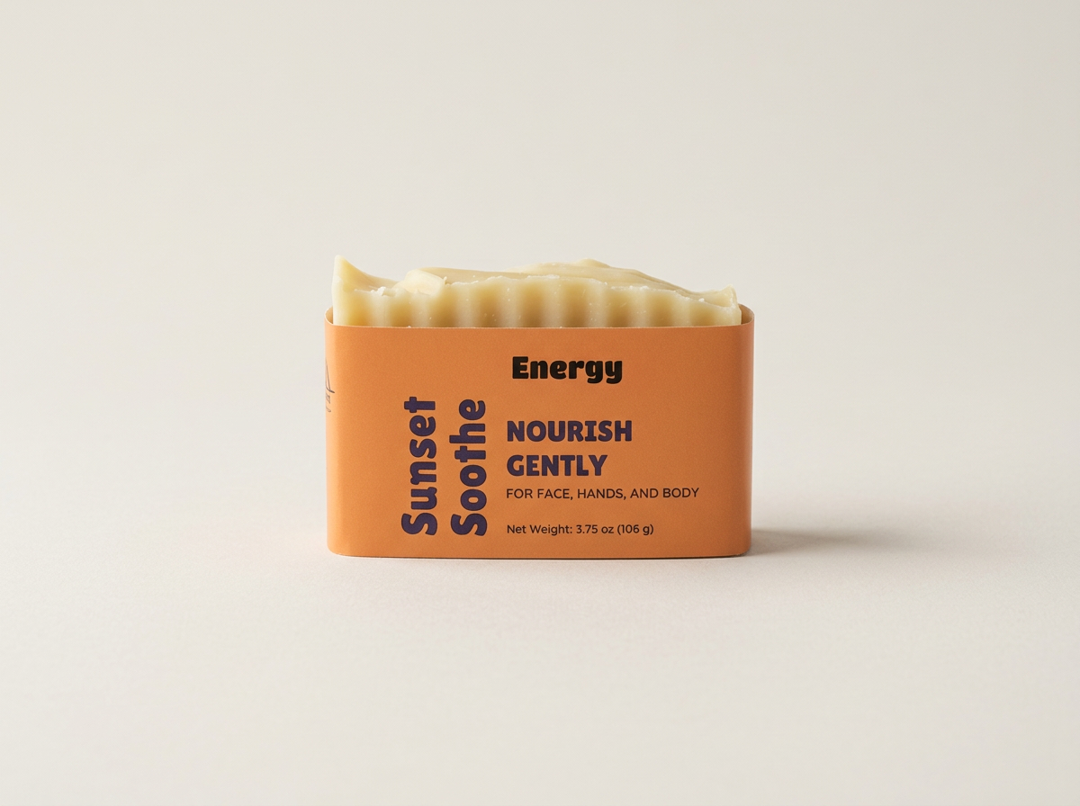 Cream colored Energy Sunset Soothe soap wrapped in an orange label