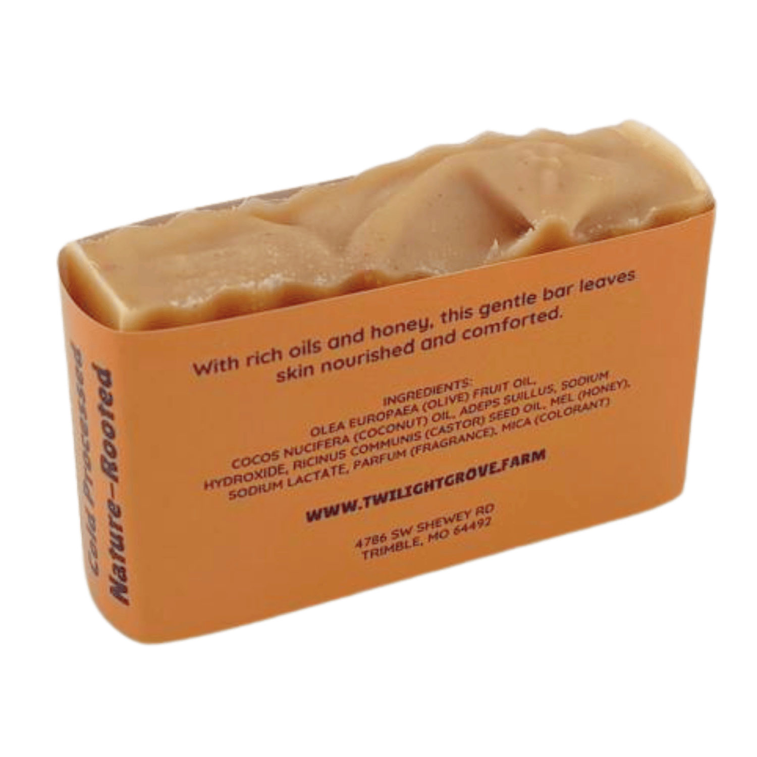 Back of Sunset Soothe Soap showing Twilight Grove label with product ingredients.