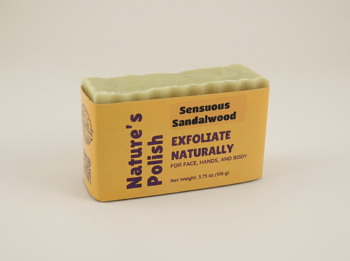 Cream-colored Sensuous Sandalwood Nature’s Polish soap in a golden label