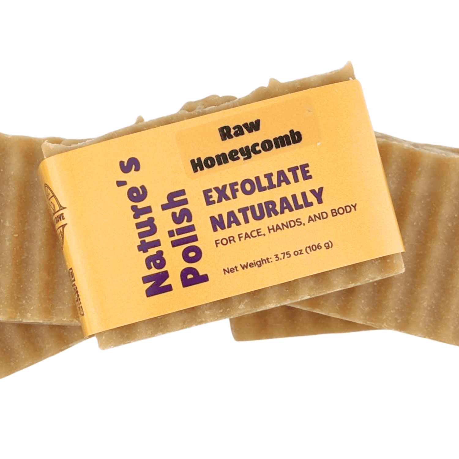 Wrapped Raw Honeycomb exfoliating soap bar from the Nature's Polish line showing natural honey colored packaging.