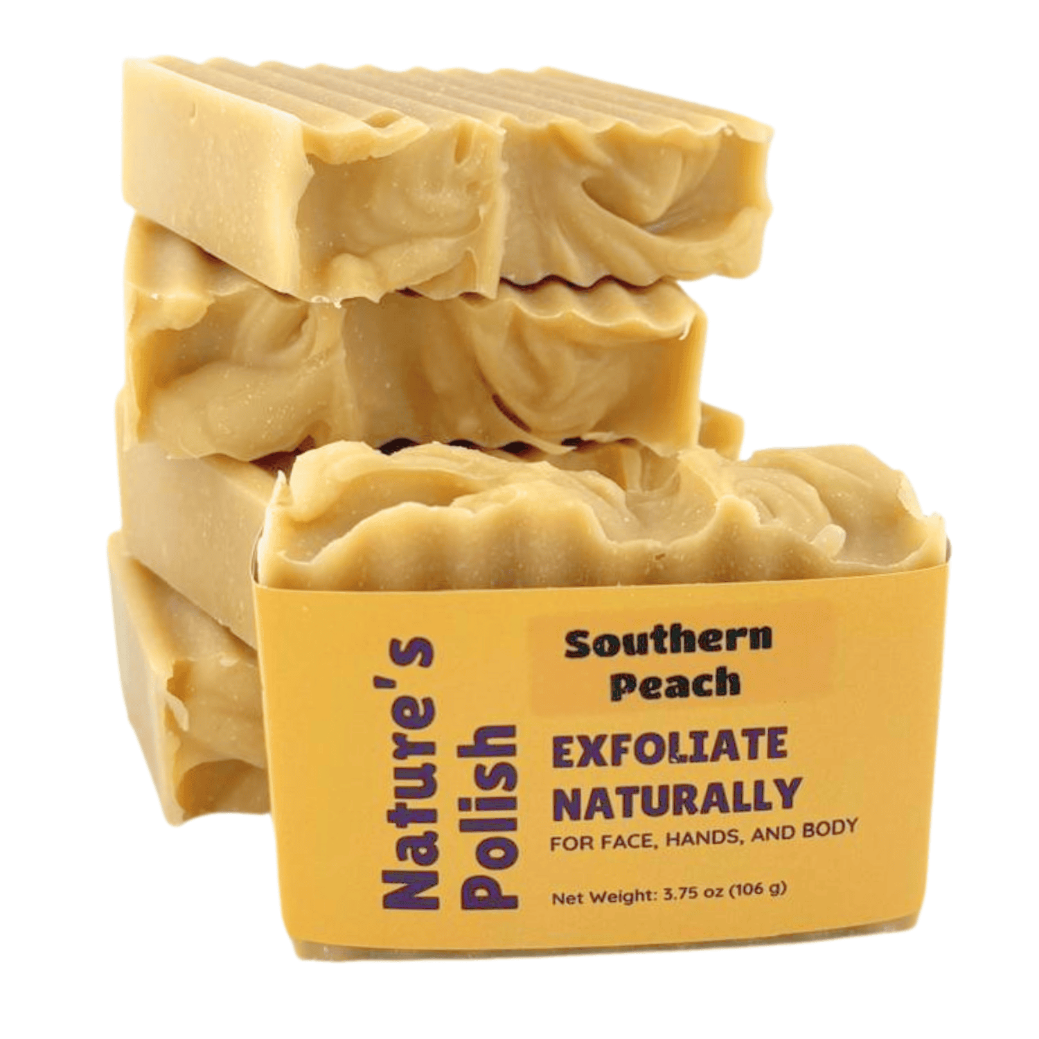 Stack of Southern Peach Nature's Polish handmade soap bars highlighting natural texture and peach scented exfoliating soap.