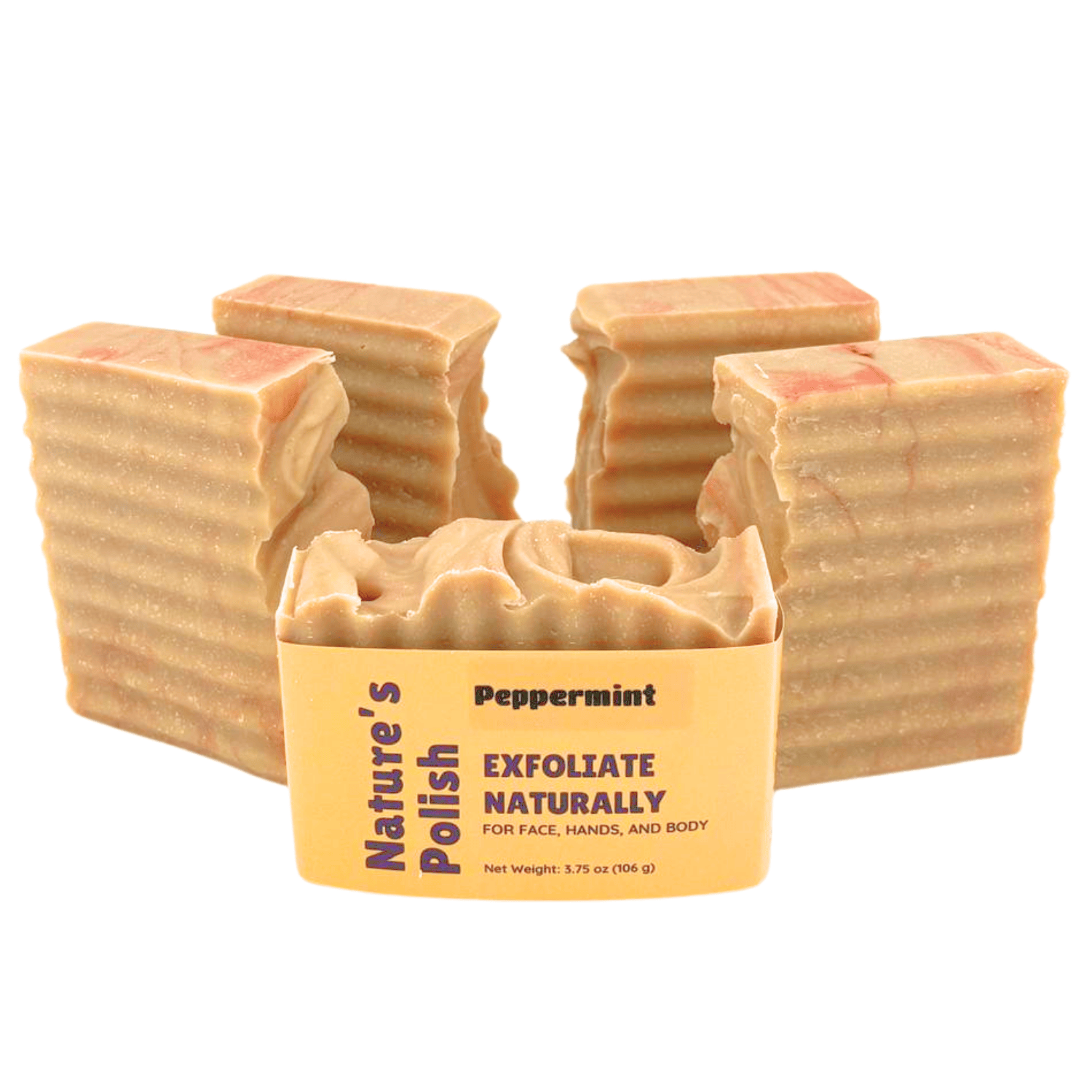 Cluster of Peppermint Nature's Polish exfoliating soap bars with ridged sides and creamy handmade soap finish.