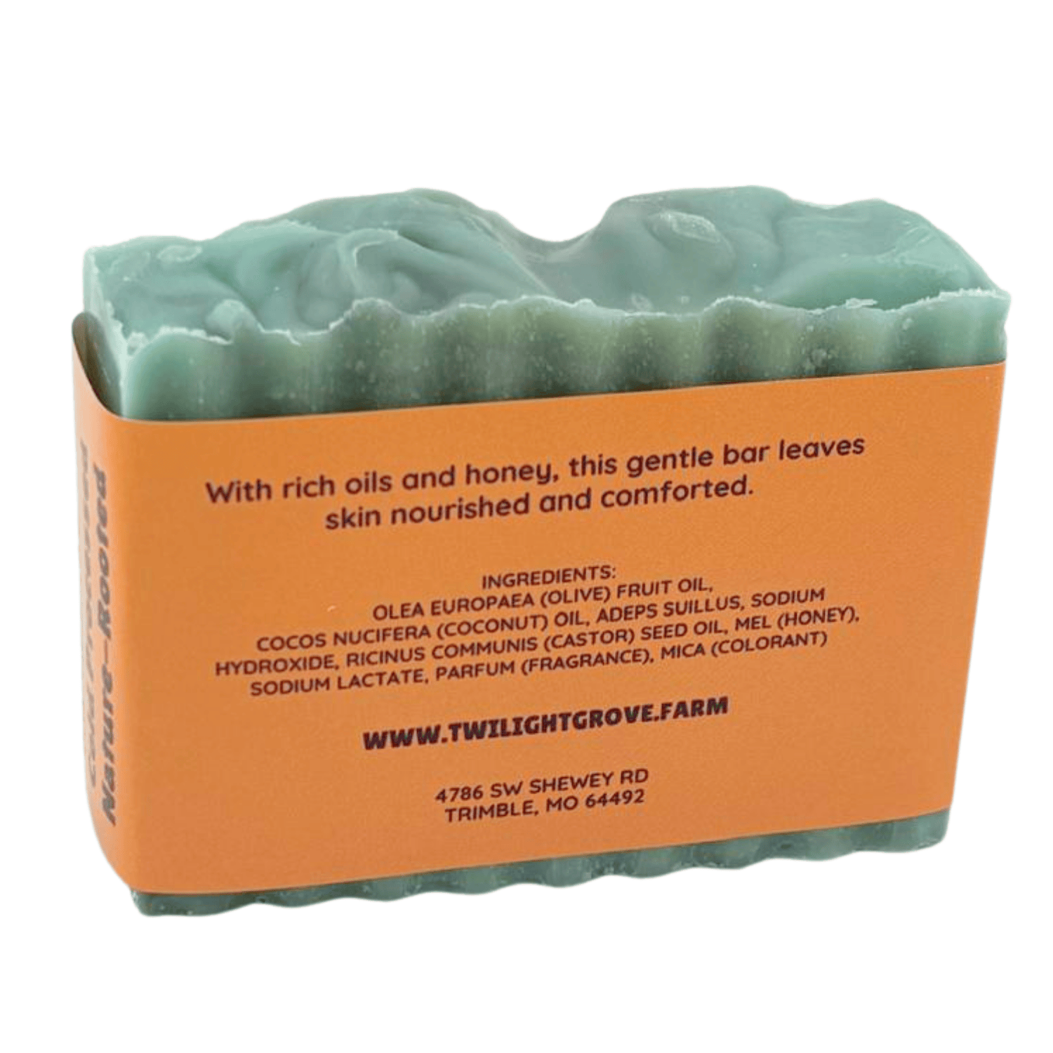Back of Sunset Soothe Soap showing Twilight Grove label with product ingredients.