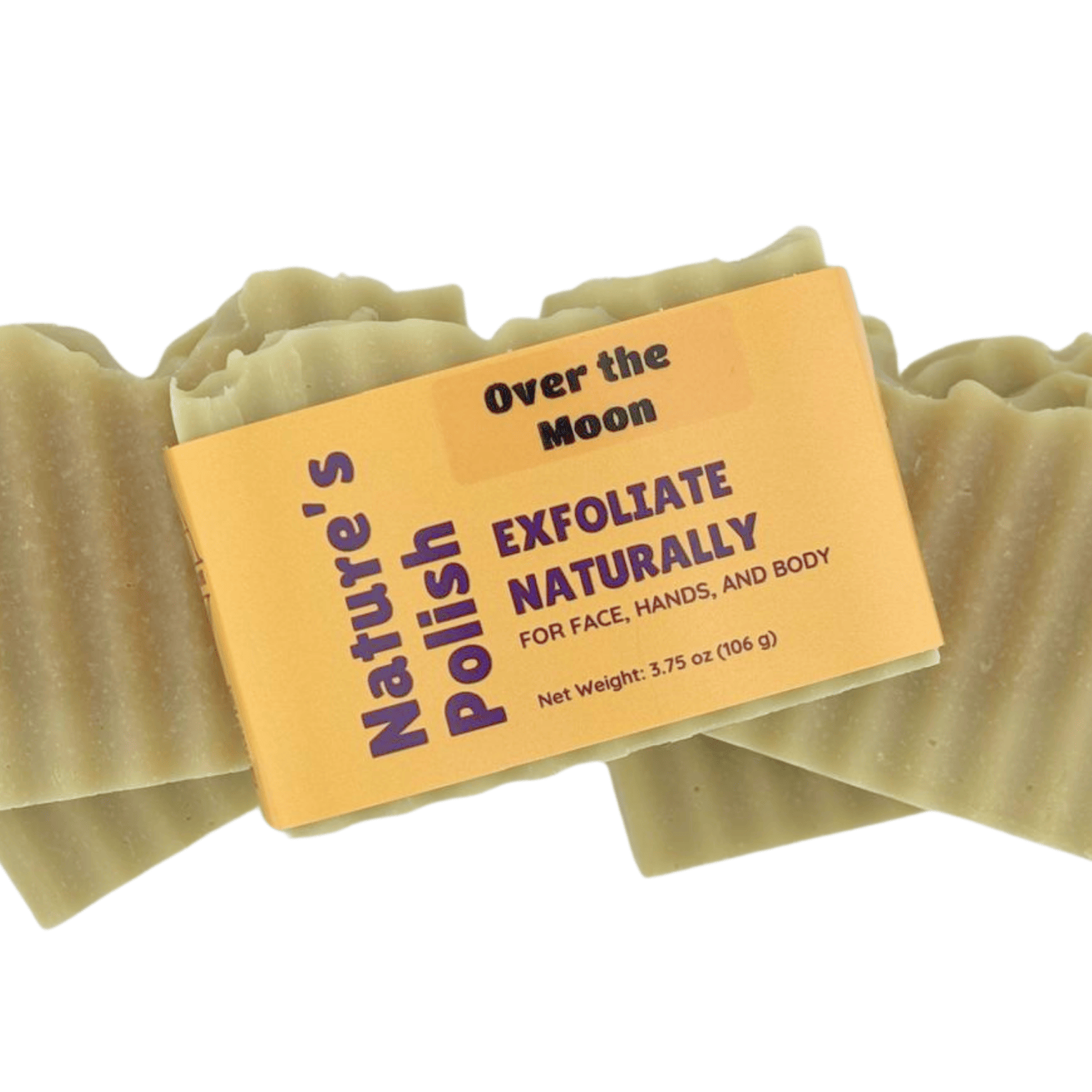 Over the Moon Nature's Polish exfoliating soap bar displayed with textured handmade soap bars in the background.
