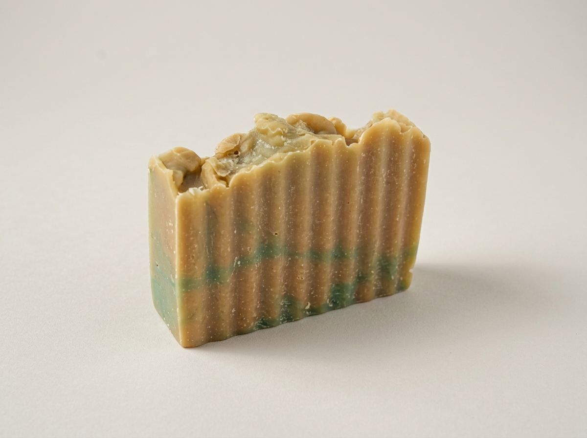 Unwrapped Moon Lather soap with golden tan and green layers and a textured top