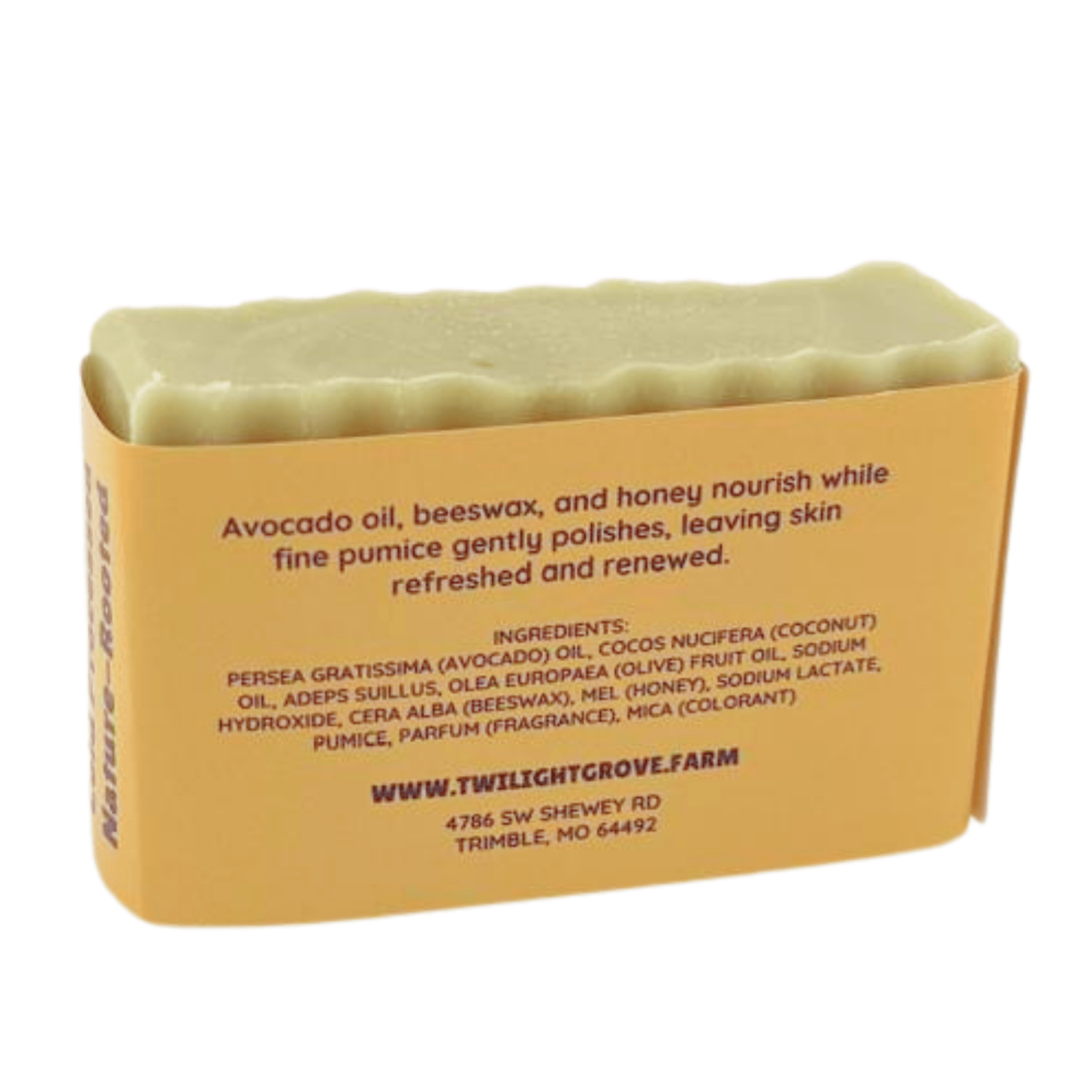 Back view of Sensuous Sandalwood Nature's Polish handmade soap bar showing ingredient label and natural exfoliating soap.