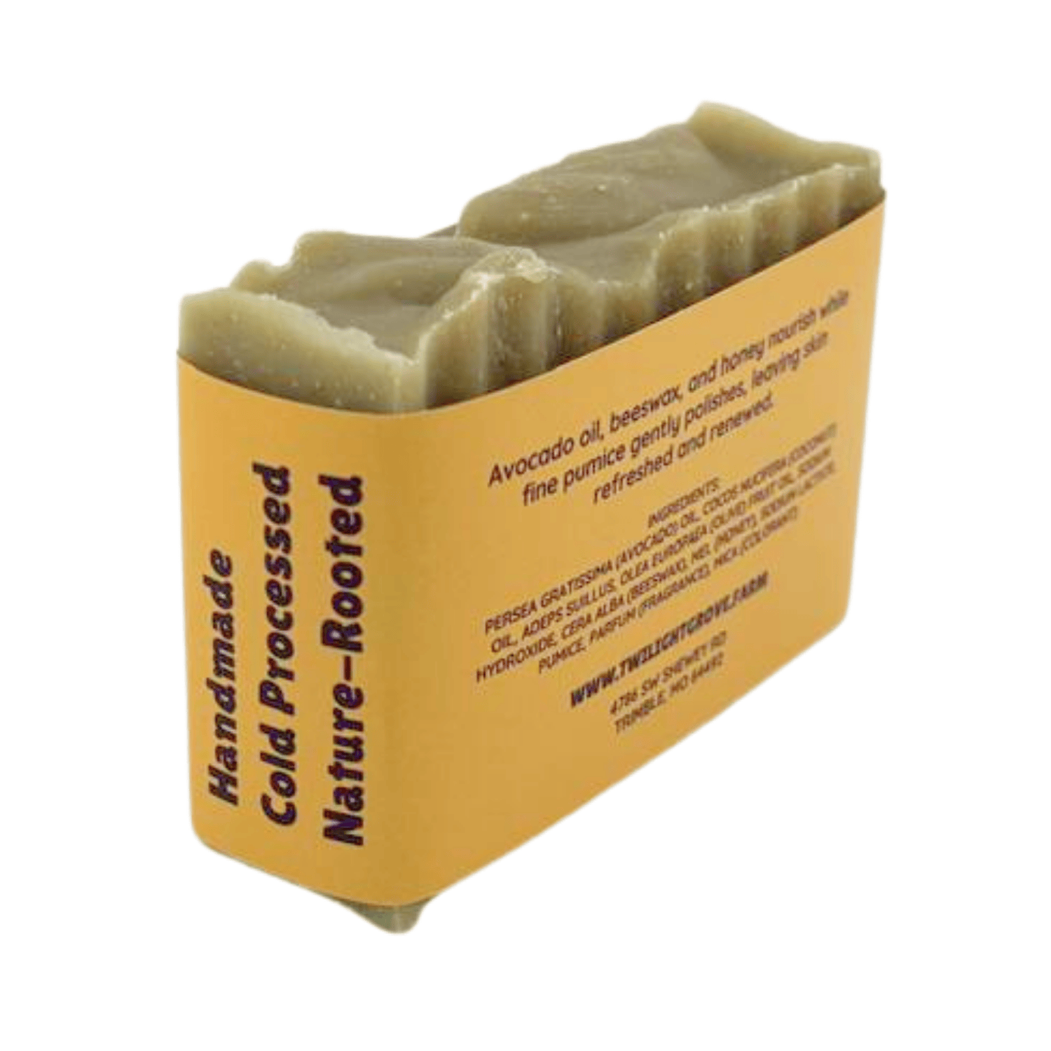 Angled back view of Kentucky Bourbon Nature's Polish handmade soap bar showing label and natural soap texture.