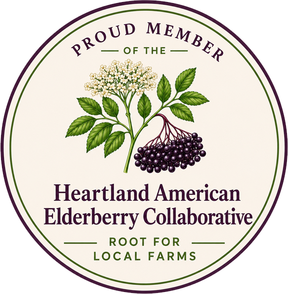 Heartland American Elderberry Collaborative member badge promoting regional American elderberry farms and the Root for Local Farms initiative.