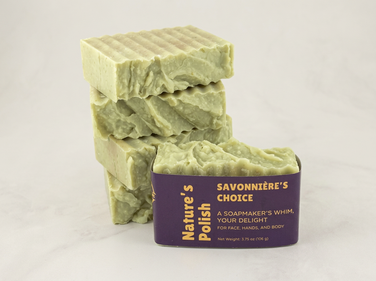 Stack of green Nature’s Polish Eco-Bars with a purple and gold label