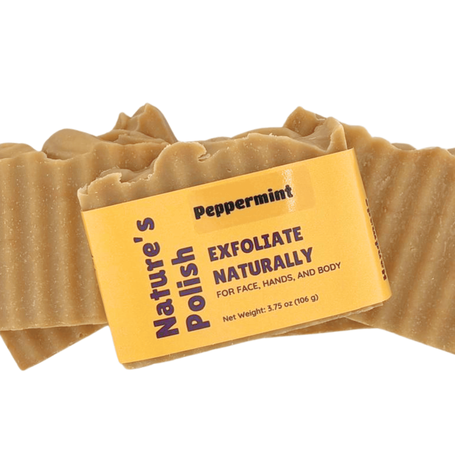 Wrapped Peppermint Nature's Polish exfoliating soap bar displaying label and natural mint scented handmade soap.
