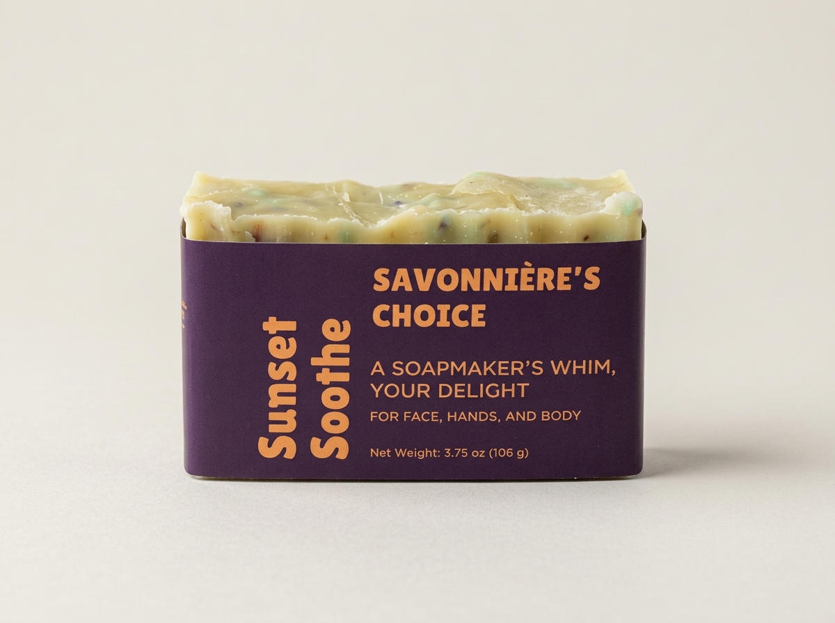 Single cream-colored Sunset Soothe Eco-Bar wrapped with a purple and orange label