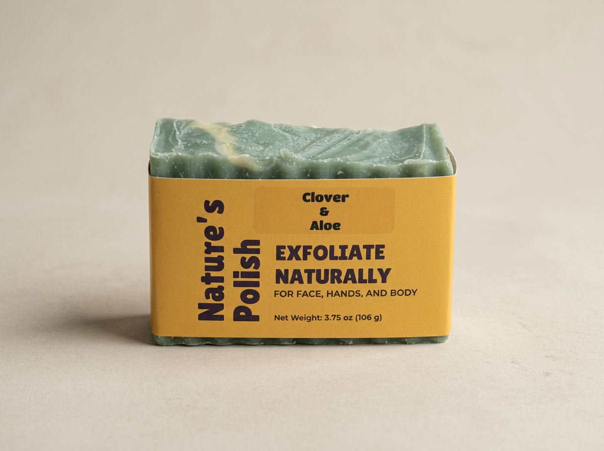 Blue-green Clover Aloe Nature’s Polish soap wrapped in a golden label