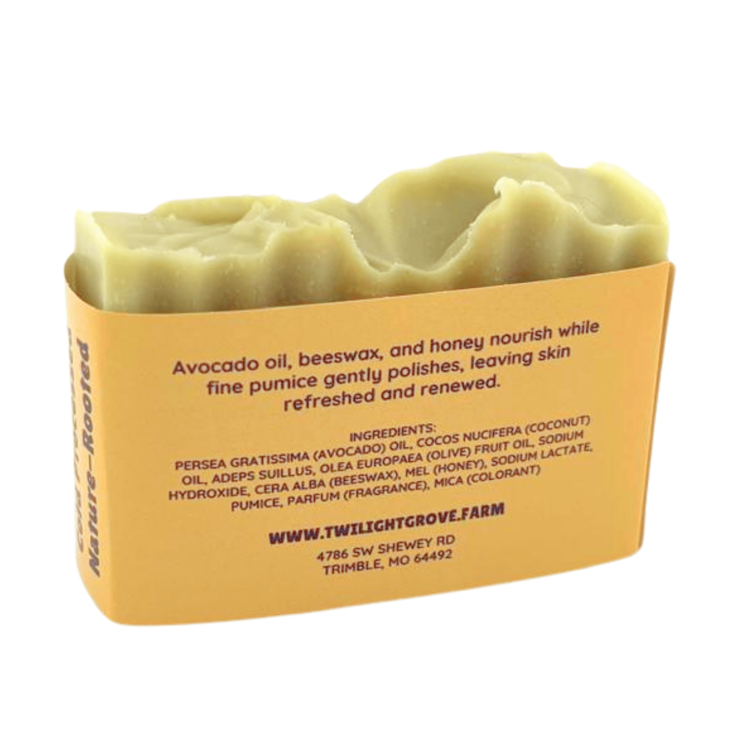 Back view of Over the Moon Nature's Polish handmade soap bar showing ingredient label and natural exfoliating soap.