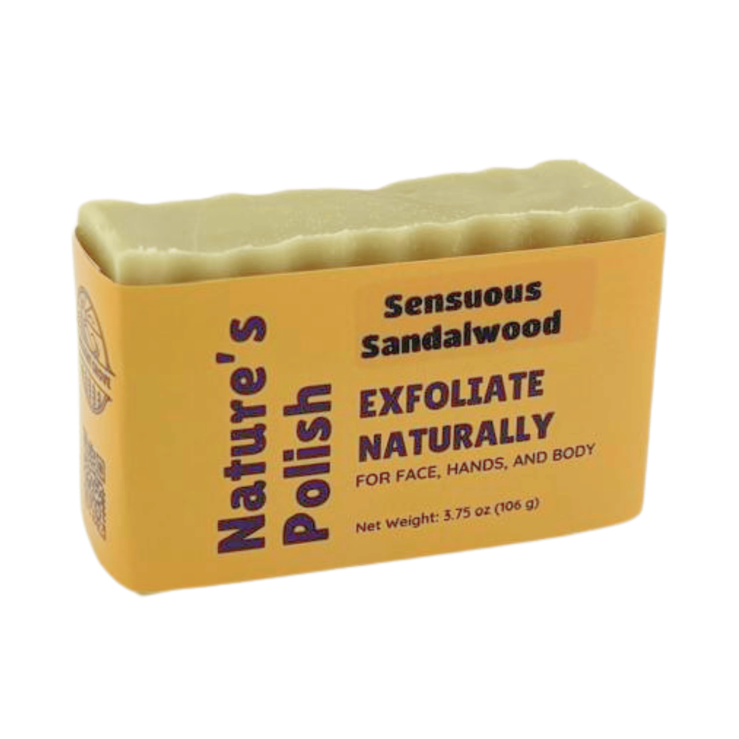 Sensuous Sandalwood Nature's Polish exfoliating soap bar with creamy handmade texture and warm sandalwood scented natural soap.