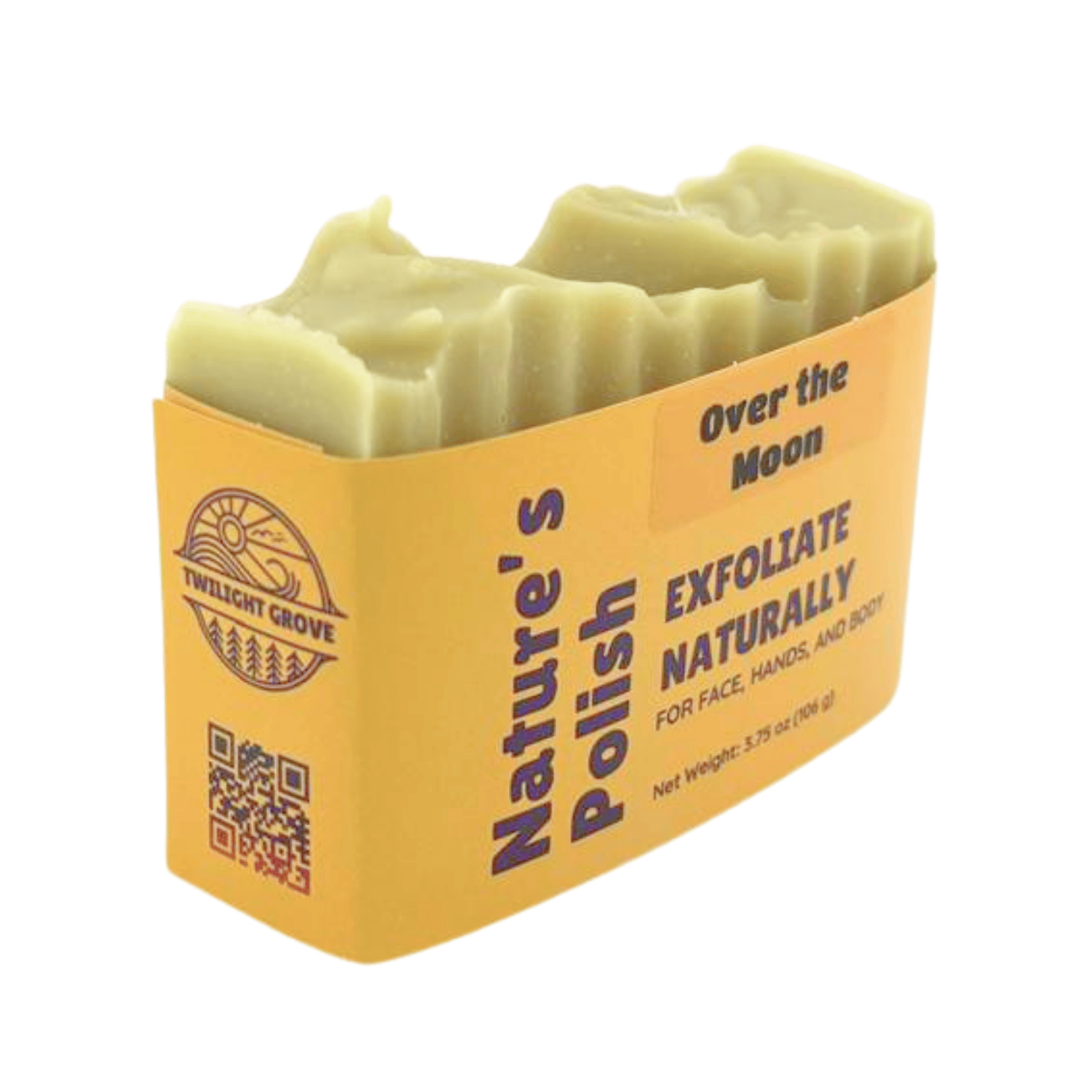 Wrapped Over the Moon Nature's Polish exfoliating soap bar displaying product label and handcrafted soap design.
