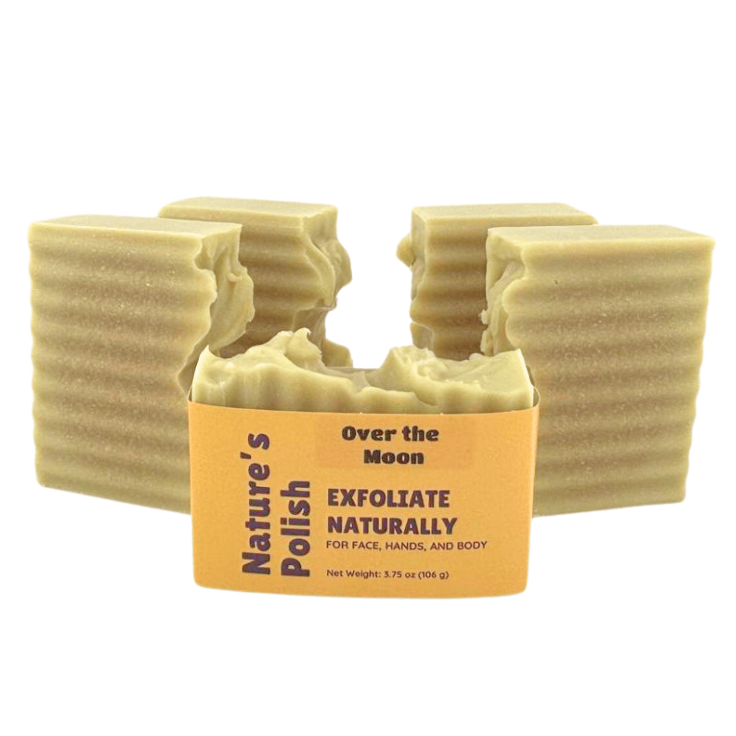 Group of Over the Moon Nature's Polish exfoliating soap bars arranged together showing textured handmade soap design.