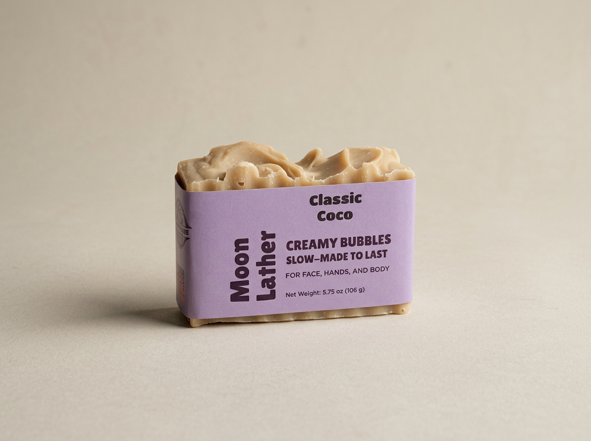 Cream and tan Moon Lather soap wrapped in a lavender label