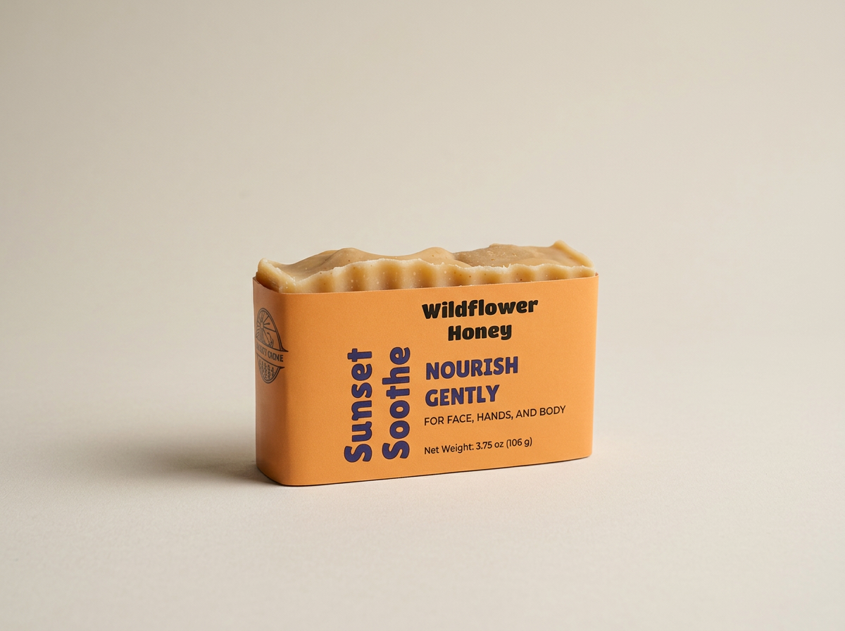 Golden Wildflower Honey Sunset Soothe soap with a swirled top