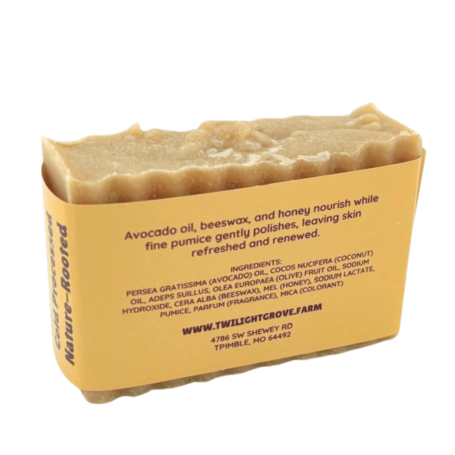 Nature's Polish Raw Honeycomb soap bar displaying ingredient label and natural honey beeswax soap formulation.