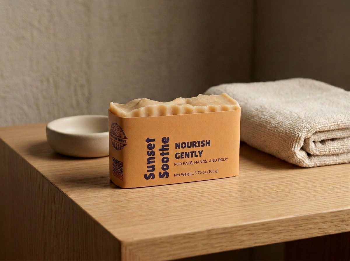 Sunset Soothe soap displayed on a wooden shelf beside a towel and dish