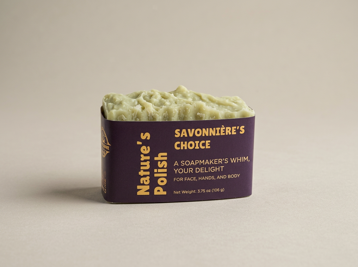 Single green Nature’s Polish Eco-Bar wrapped with a purple and gold label
