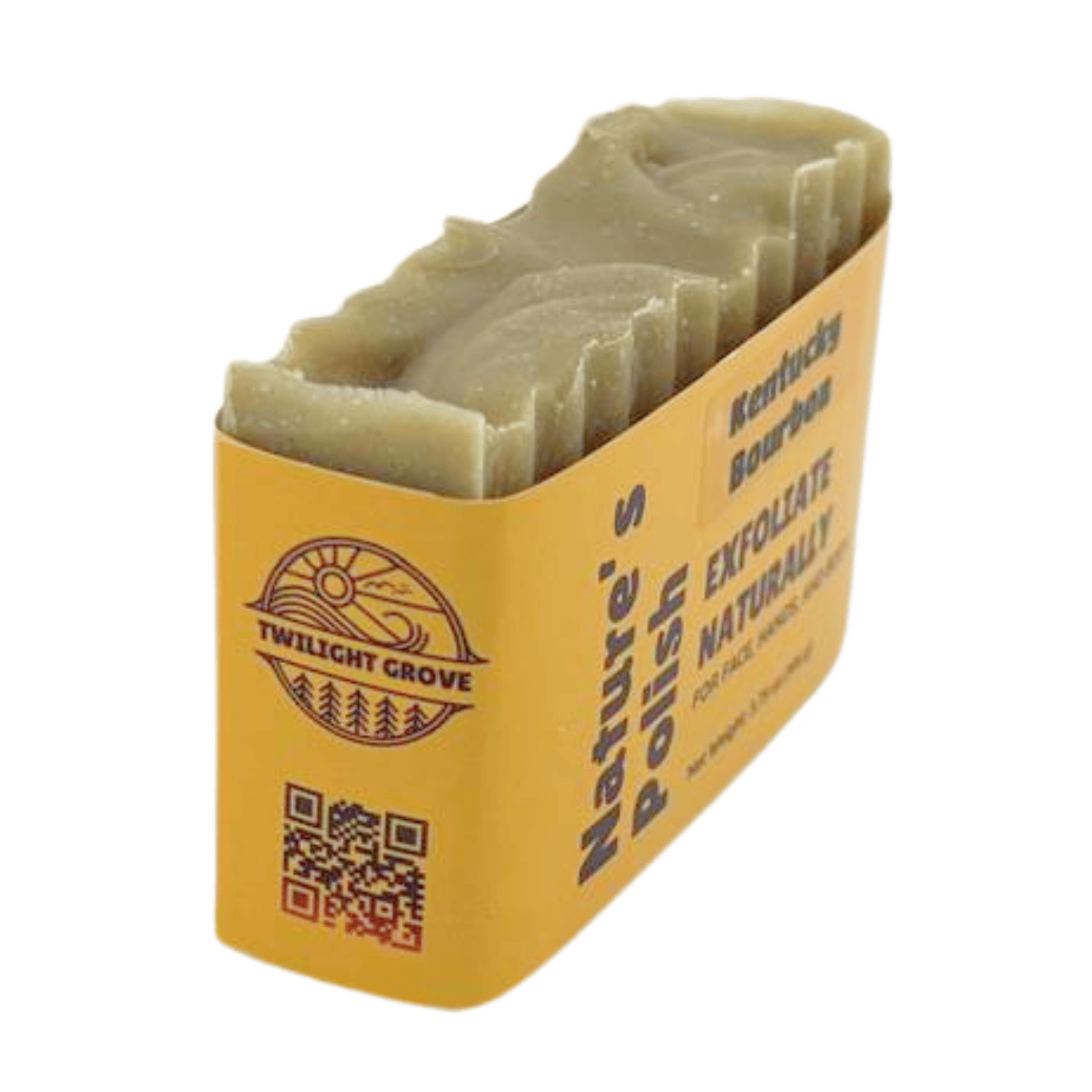 Side label view of Kentucky Bourbon Nature's Polish handmade soap bar featuring textured top and natural exfoliating soap.
