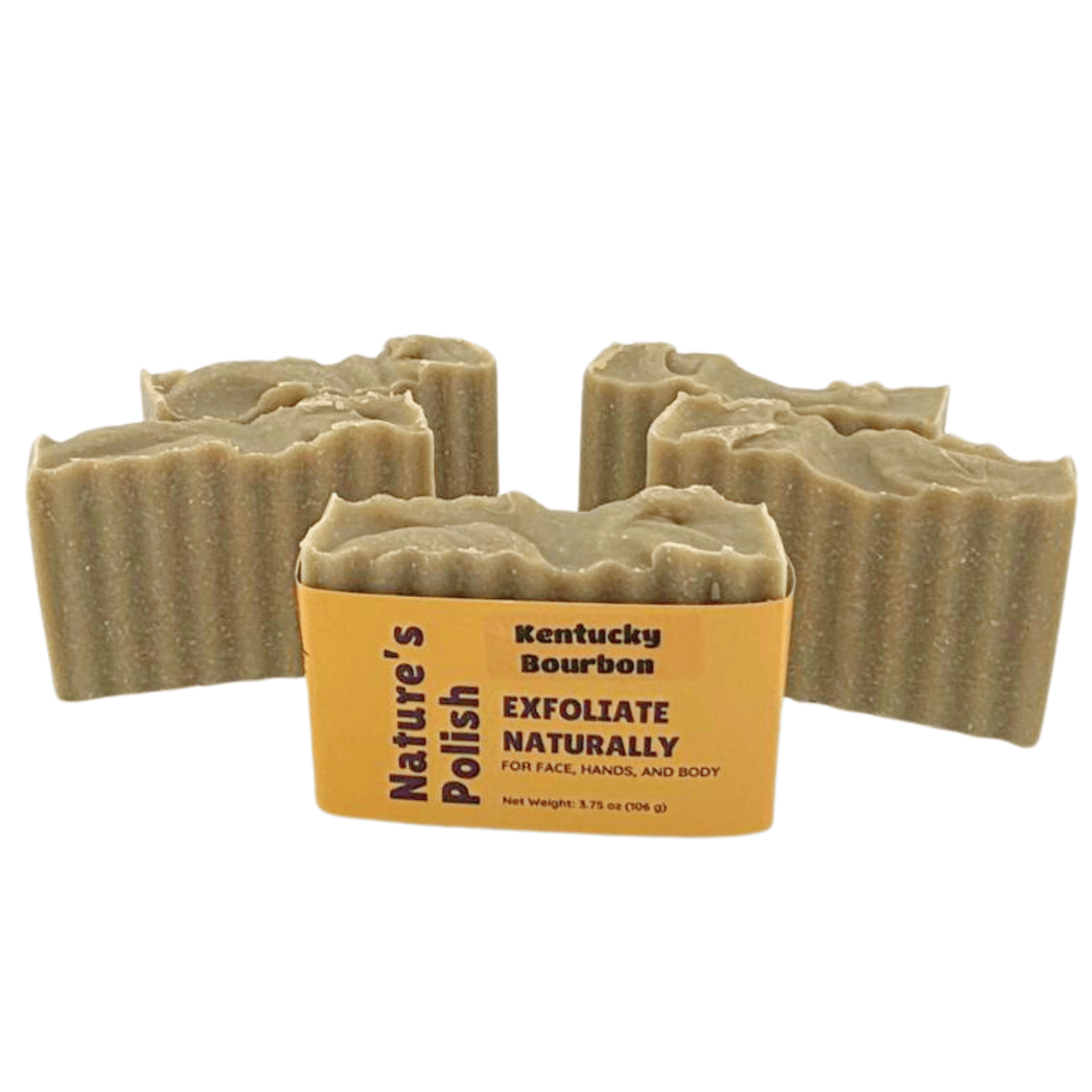 Multiple Kentucky Bourbon Nature's Polish soap bars displayed together highlighting handcrafted texture and exfoliating design.