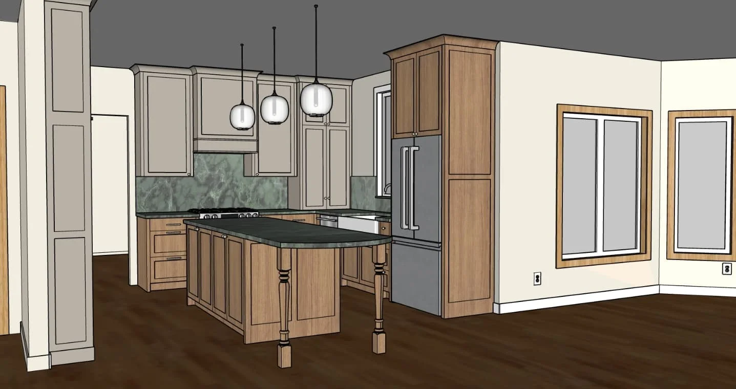 Renderings are such a great way to test ideas before a project comes to life ✨️ Here’s the same kitchen and color palette shown two different ways. Would you go for the natural warmth with bold counters everywhere or colored cabinets with a bol