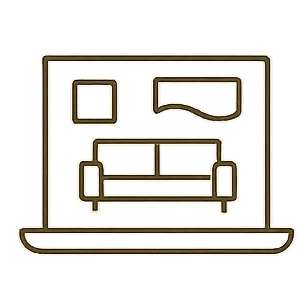 Line drawing of a living room seen through a laptop screen, featuring a sofa and two picture frames on the wall.