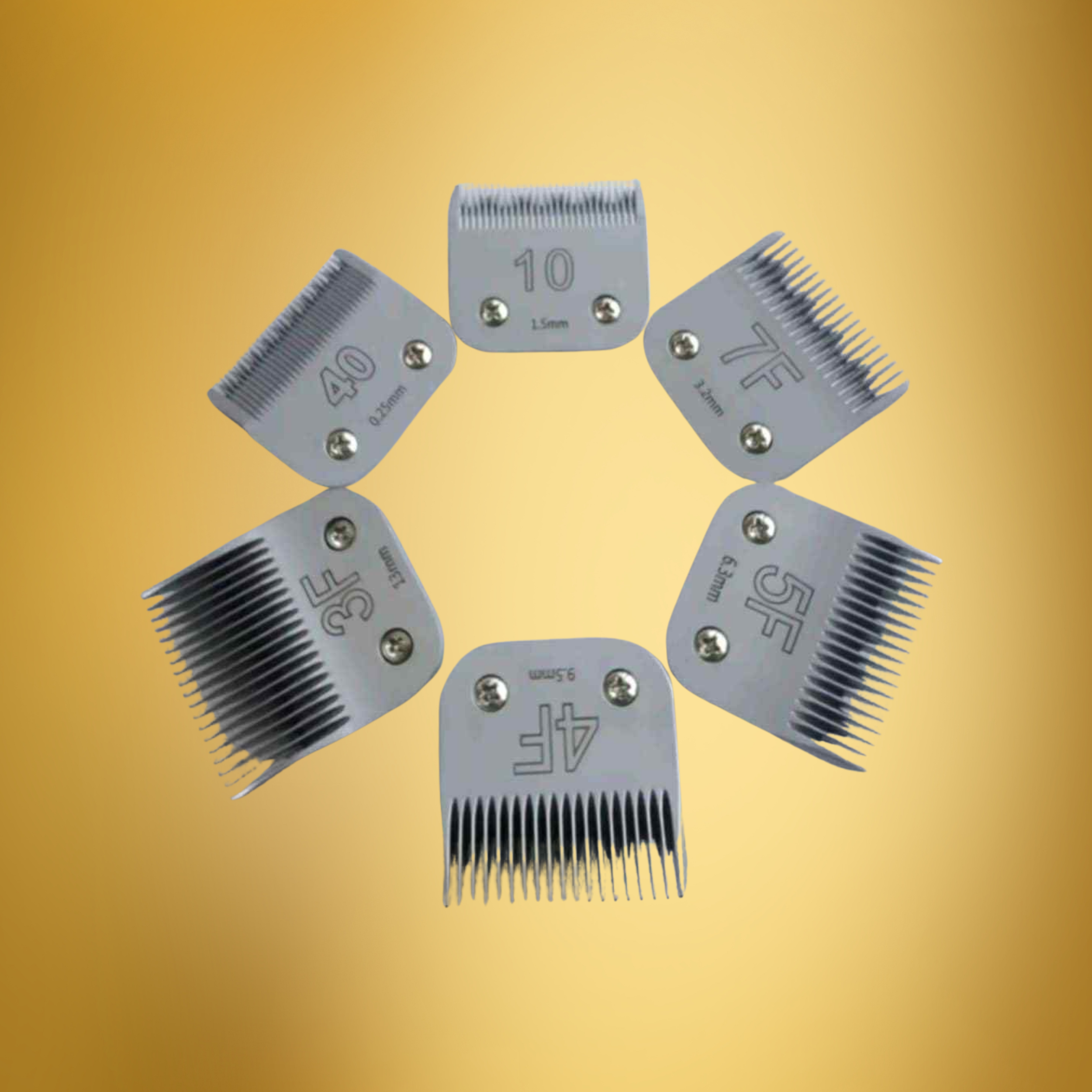 A circular arrangement of eight metal hair clipper guard attachments with various size measurements, displayed on a yellow background.