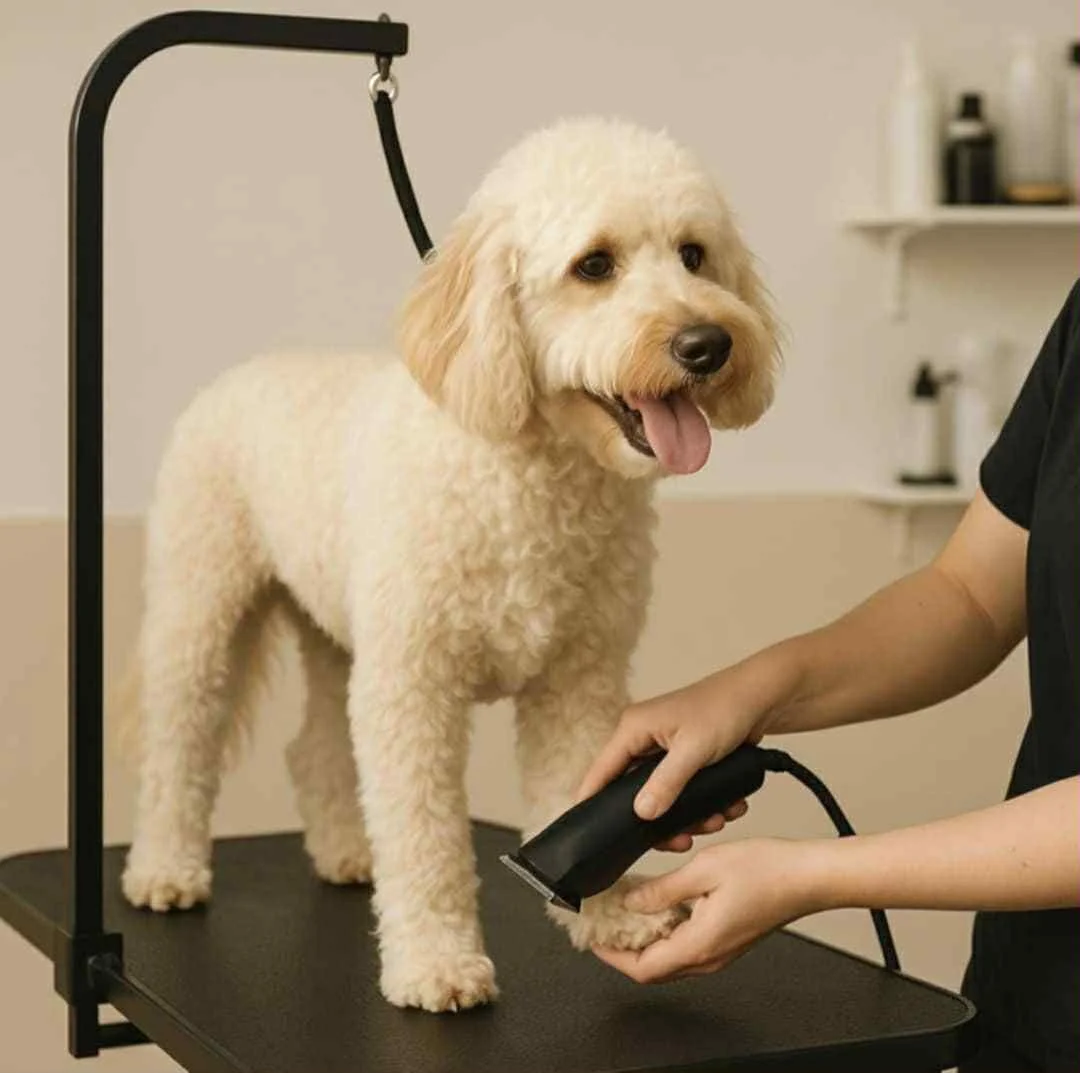A fluffy, light-colored dog being groomed on a grooming table with a professional groomer trimming its paw.