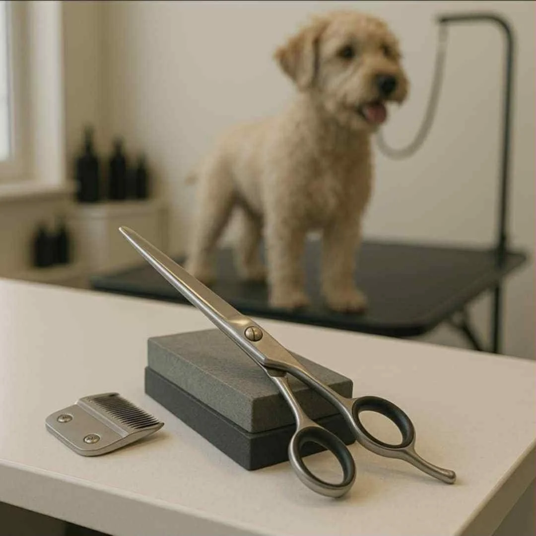 A grooming table with a happy, light brown curly-haired dog and grooming tools including scissors, clippers, and a sharpening stone in the foreground.