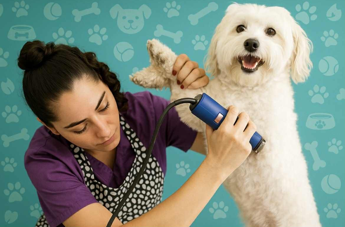 Groomer in purple uniform brushing a white dog with an electric tool, both smiling, in front of a blue background with dog icons.