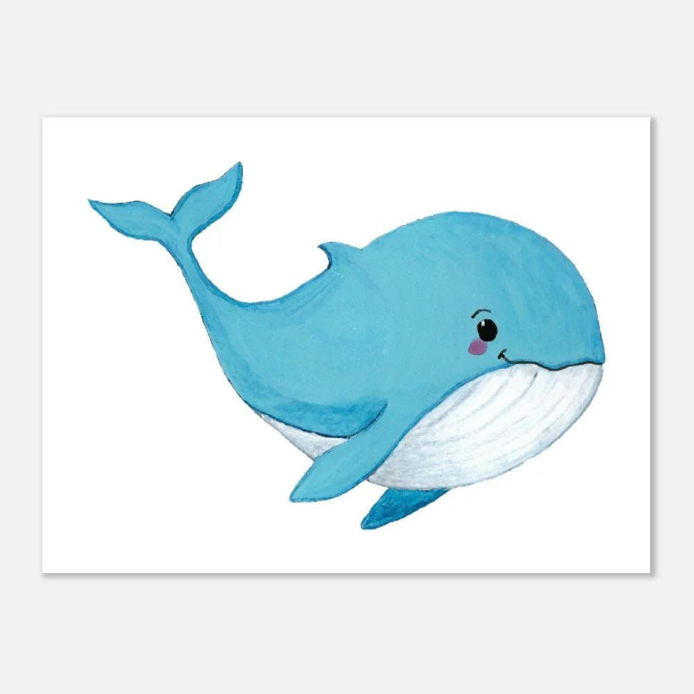 A cute, cartoon-style blue whale with a smiling face, big eye, and blush on its cheek, set against a white background.