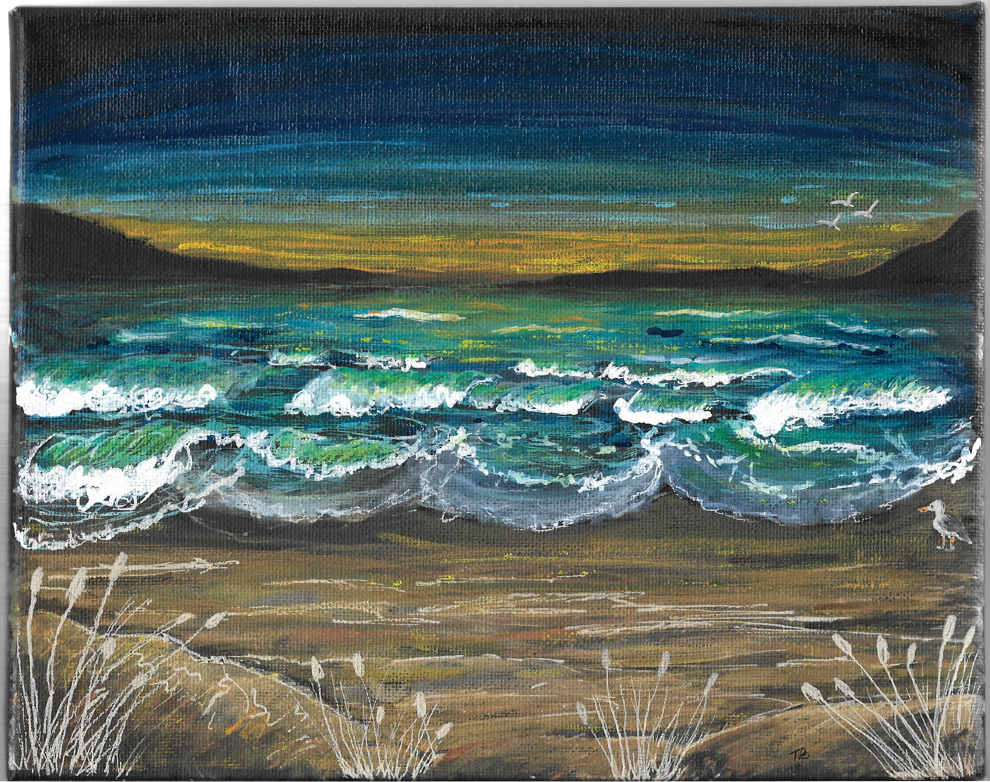 A Beach Sunset acrylic and watercolour painting.