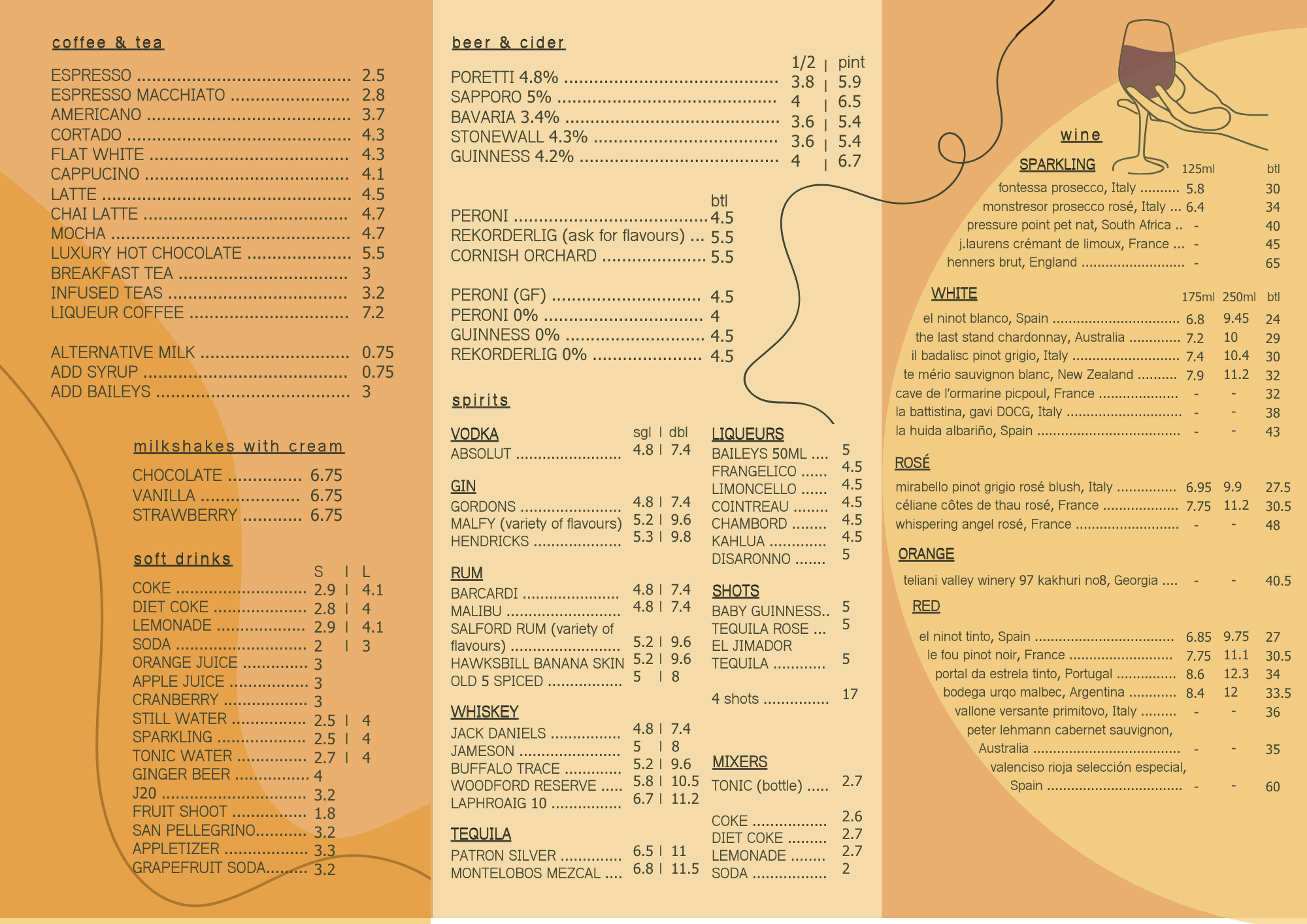 A section of a menu featuring drinks like coffee, tea, spirits, wine, and cocktails. The menu lists prices alongside different options and quantities.