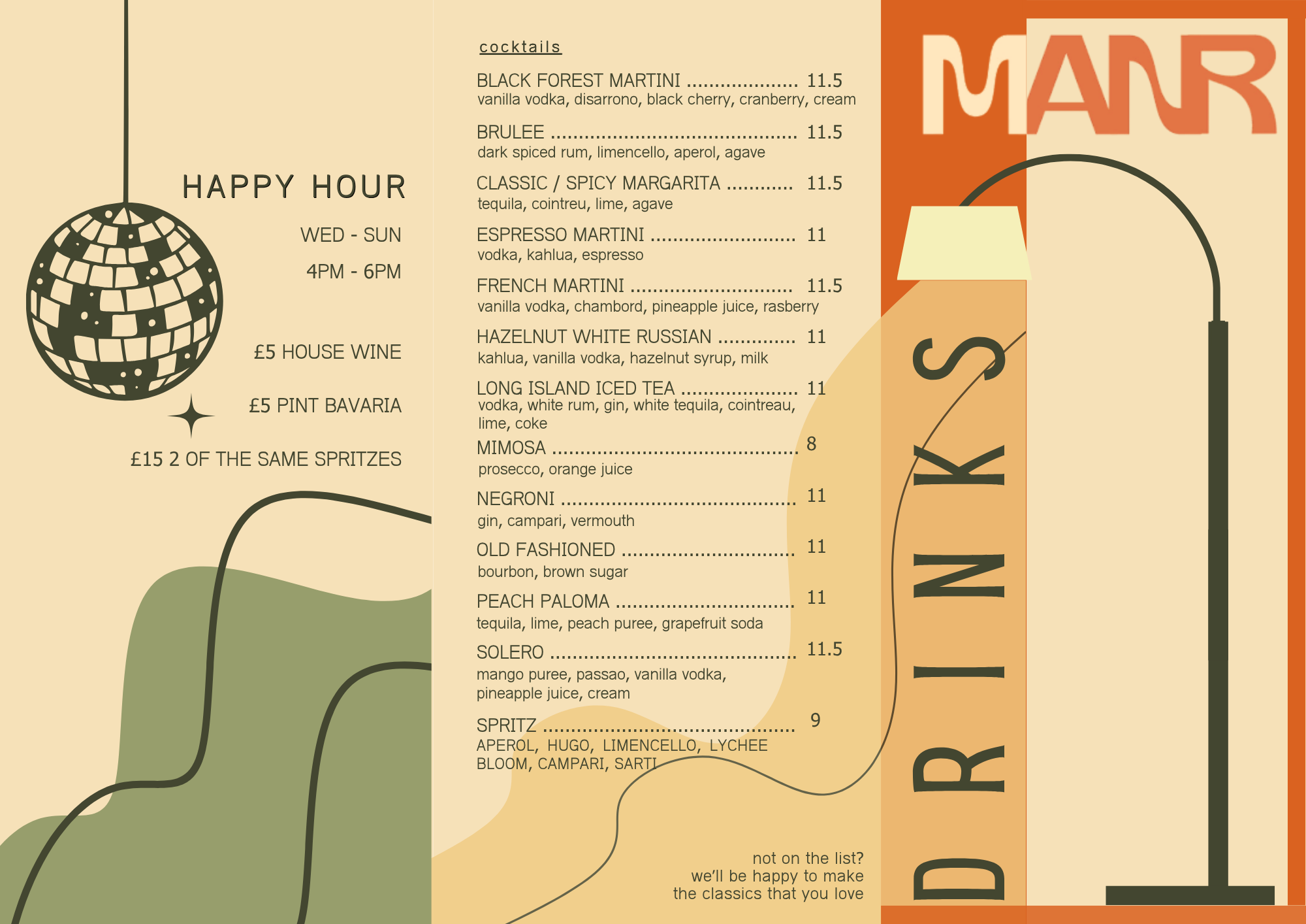 A vintage-style city bar menu listing happy hour drinks, including cocktails like Black Forest Martini, Brulee, and Classic/Spicy Margarita, with prices and ingredients. The menu features a disco ball illustration and stylized text and graphics.