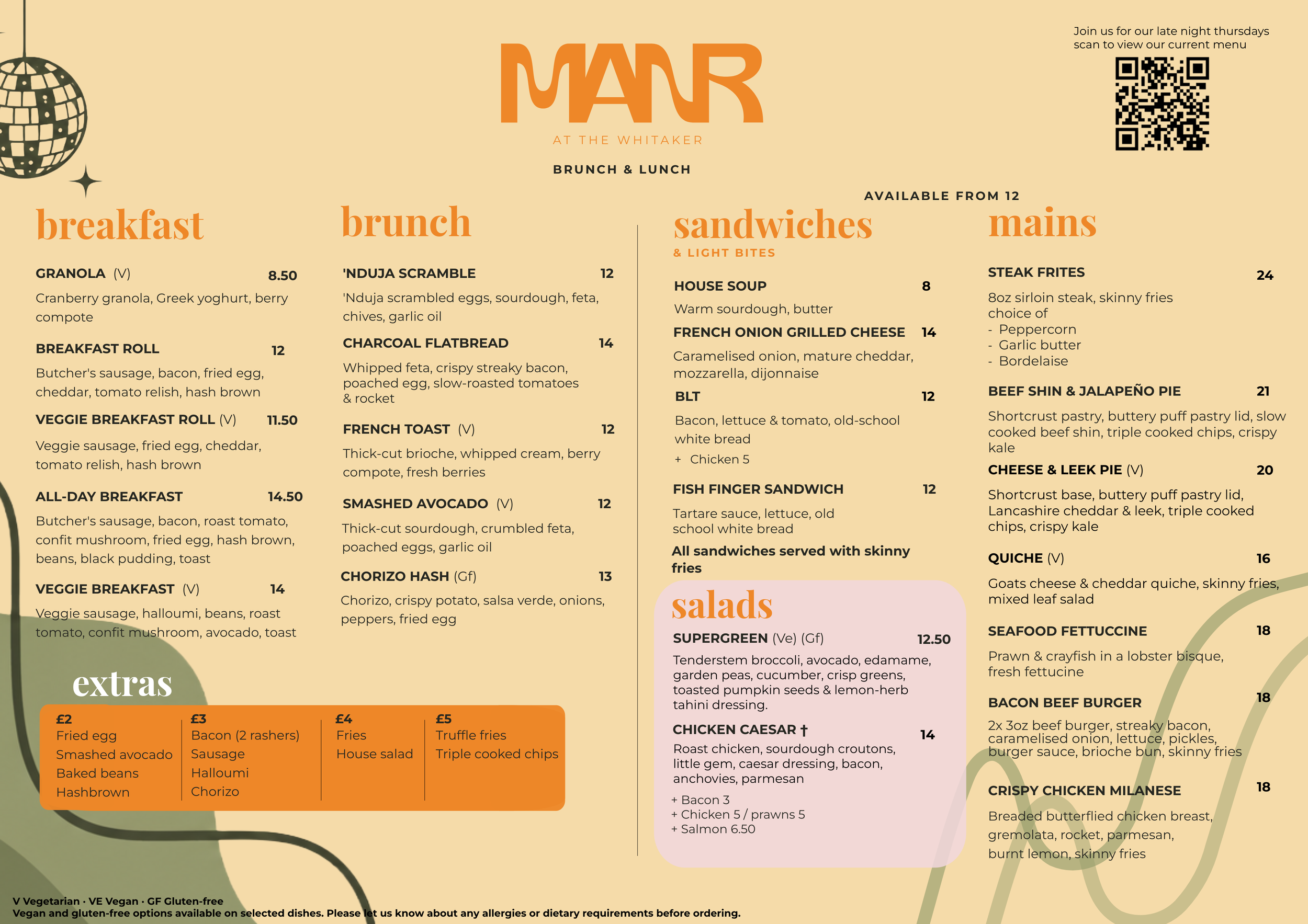 A restaurant menu titled 'MART at The Whitaker' offering brunch, lunch, drinks, salads, mains, and extras, with items and prices listed.