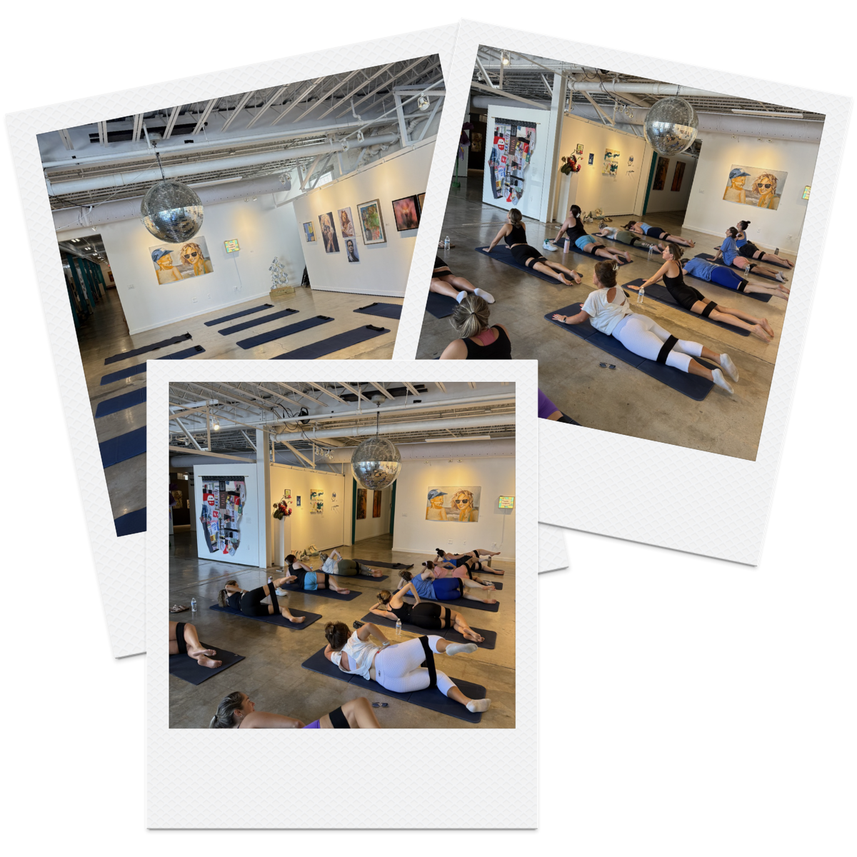Three polaroid pictures of a bachelorette party set up in an art gallery