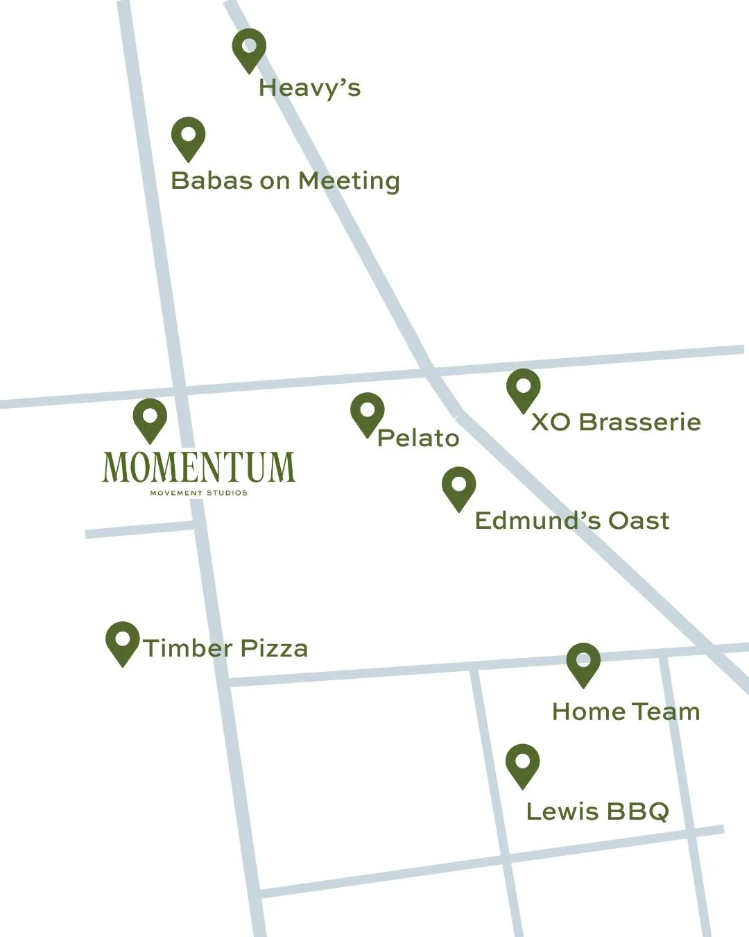 Blue and green map of downtown Charleston listing several restaurant locations